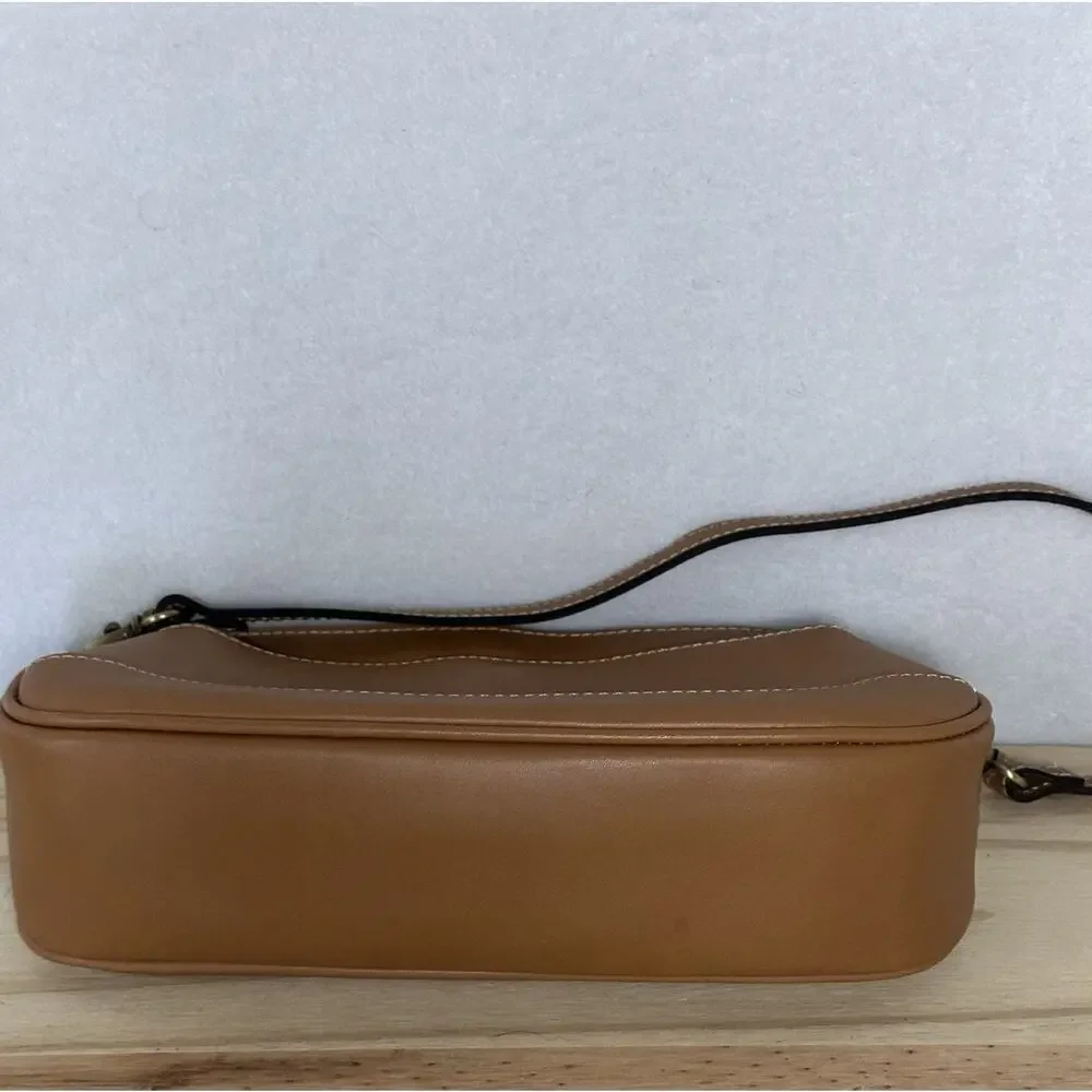 Patricia Nash Tan Leather Shoulder Bag Embossed Logo Contrast Stitching